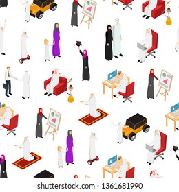 Arab Muslims People 3d Seamless Pattern Background on a White Isometric View Include of Nationality Businesswoman, Businessman and Family. Vector illustration of Icon