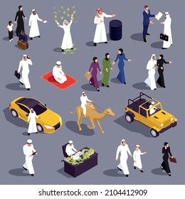 Arab muslims saudi modern isometric people set of isolated wealth icons with characters of rich persons vector illustration
