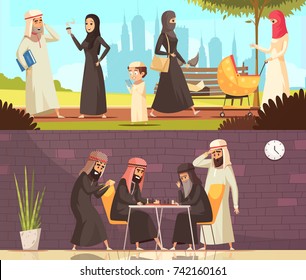 Arab muslims traditional family and social life with playing chess men 2 horizontal cartoon banners isolated vector illustration 