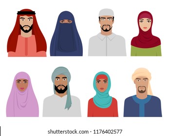 Arab national clothes. Islamic iranian turkish and arabic fashion for male and female headscarf hijab and dresses vector illustrations. Islam hijab, islamic dress, eastern arabic woman and man