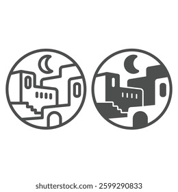 Arab night city bubble line and solid icon, arabian desert concept. Vector graphics. Arabian houses with moon in night sky sign on white background, outline style icon for mobile or web design