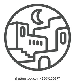 Arab night city bubble line icon, arabian desert concept. Vector graphics. Arabian houses with moon in night sky sign on white background, outline style icon for mobile or web design