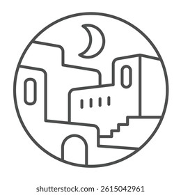 Arab night city bubble thin line icon, arabian desert concept. Vector graphics. Arabian houses with moon in night sky sign on white background, outline style icon for mobile or web design