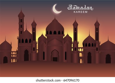 Arab night holy city mosque. Ramadan Kareem greeting card. Vector illustration