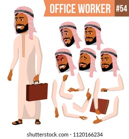 Arab Office Worker Vector. Saudi, Emirates, Qatar, Uae. Face Emotions, Various Gestures. Animation Creation Set. Corporate Businessman Male. Successful Officer, Clerk, Servant. Illustration