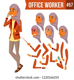Arab Office Worker Vector. Woman. Traditional Clothes. Islamic. Hijab. Professional Officer, Clerk. Adult Business Female. Lady Face Emotions, Various Gestures. Animation Creation Set. Illustration