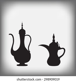 Arab old jug and coffee pot. Vector illustration. EPS 10.  	
Isolated on a gray background, antique pitcher and Arabic coffee pot.