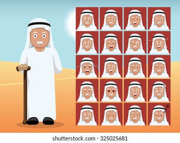 Arab Old Man Cartoon Emotion Faces Vector Illustration