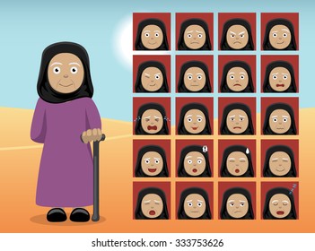 Arab Old Woman Cartoon Emotion faces Vector Illustration