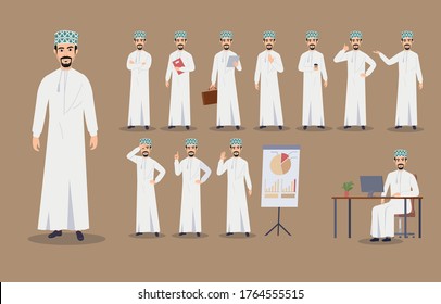 Arab Omani business man. Oman character. businessman character. Different poses and emotions