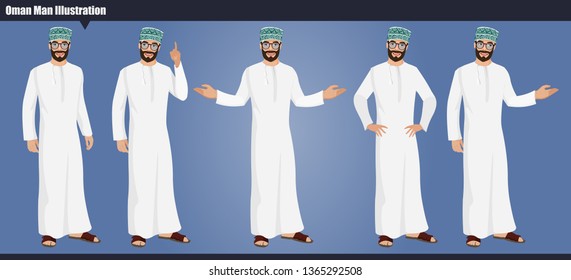 Arab Omani Male Character Set With Hand Poses And Actions Vector Illustration Design. Oman Businessman Vector Illustration.