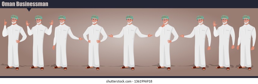 Arab Omani Old male character set with hand poses and actions Vector illustration design. Oman old businessman vector illustration.