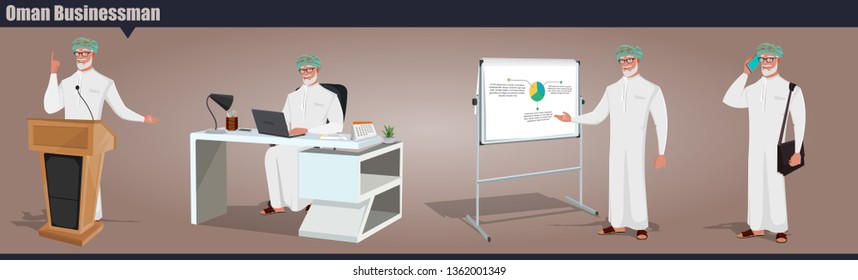 Arab Omani Old male character working in office, giving a lecture, presentation and talking in mobile phone. Oman old businessman vector illustration.
