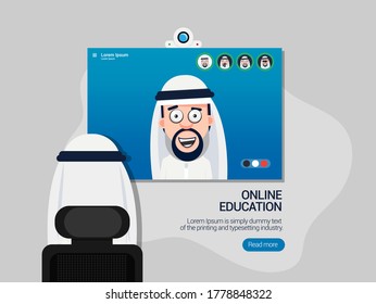 Arab Online Class. Stay at home Concept.  School Learning. Study from home via Teleconference Web Video Conference Call During Coronavirus COVID-19 Pandemic.  Arab Middle East man on Screen Display 