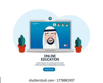 Arab Online Class. Stay at home Concept.  School Learning. Study from home via Teleconference Web Video Conference Call During Coronavirus COVID-19 Pandemic.  Arab Middle East man on Screen Display 