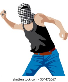 Arab Palestinian teenager with keffiyeh throwing a stone. Vector illustration.