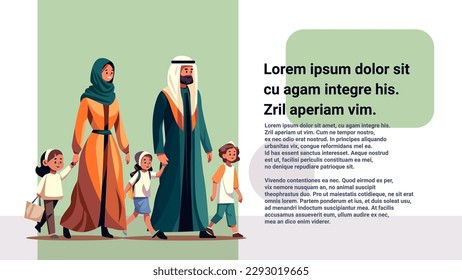 arab parents and little children walking together arabic mother father and kids standing together parenthood big family