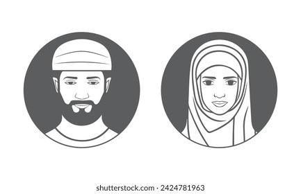 Arab people avatar icons. Muslim man and woman in traditional headdress. User profile sign. Vector illustration