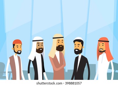 Arab People Businessman Group Traditional Clothes Arabic Business Office Flat Vector Illustration