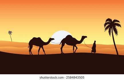 Arab people and camels silhouettes in sands. caravan with camel