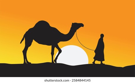 Arab people and camels silhouettes in sands. caravan