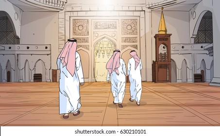 Arab People Coming To Mosque Building Muslim Religion Ramadan Kareem Holy Month Vector Illustration