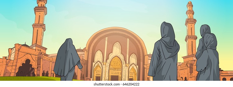 Pueblo árabe viene a mezquita construyendo religión musulmana Ramadán Kareem Sagrado Mes Ilustración vectorial