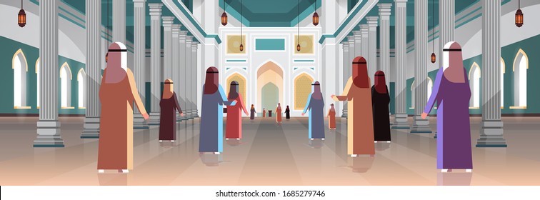 arab people coming to nabawi mosque building muslim religion concept rear view arabic prayers in traditional clothes ramadan kareem holy month horizontal flat full length vector illustration