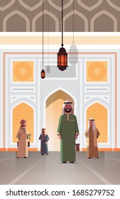 arab people coming to nabawi mosque building muslim religion concept arabic men in traditional clothes vertical flat full length vector illustration