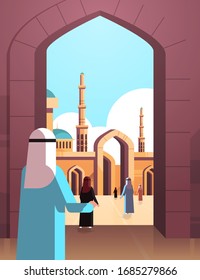 arab people coming to nabawi mosque building muslim religion concept rear view arabic prayers in traditional clothes ramadan kareem holy month vertical flat vector illustration