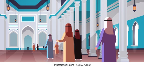 arab people coming to nabawi mosque building muslim religion concept rear view arabic prayers in traditional clothes ramadan kareem holy month horizontal flat vector illustration