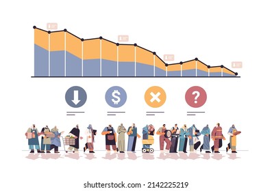 gente árabe de diferentes ocupaciones analizando la recesión de la gráfica descendente el concepto de quiebra de la crisis financiera