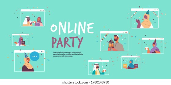 arab people in festive hats celebrating online birthday party arabic men women in web browser windows having fun celebration self isolation concept portrait horizontal copy space vector illustration