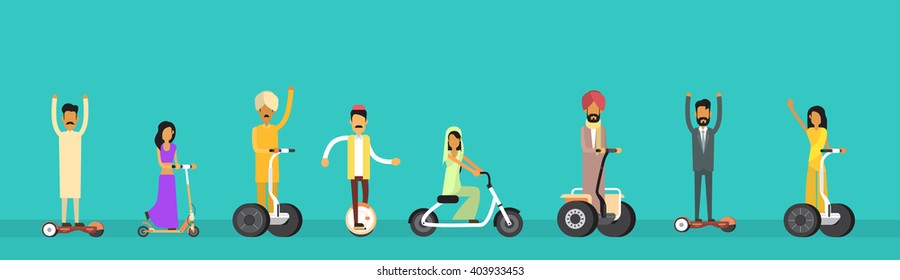 Arab People Group Arabic Man Woman Ride Electric Hover Board, Scooter Mono Wheel Modern Personal Transport Banner Copy Space Flat Vector Illustration