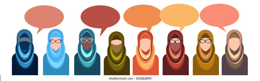 Arab People Group Chat Bubble Communication Concept, Muslim Talking Arabic Woman Social Network Flat Vector Illustration