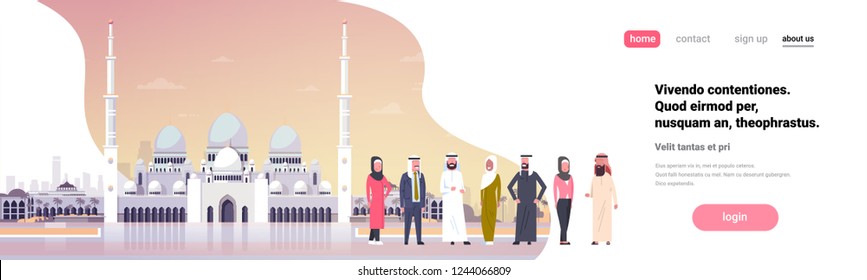 arab people group over muslim cityscape mosque building religion horizontal banner copy space full length flat