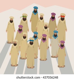 Arab People Group Traditional Clothes Desert Crowd Full Length Flat Vector Illustration