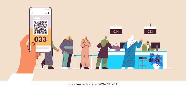 arab people looking at display number board in waiting room electronic queuing system queue management