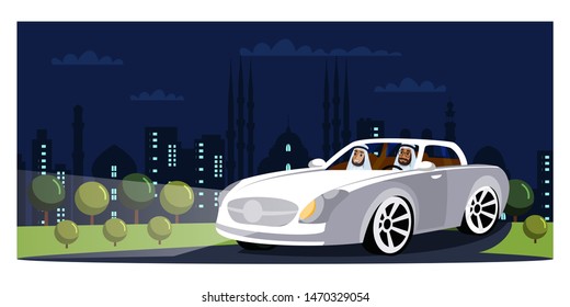 Arab people in luxury car flat vector illustration. Arabian millionaires, Middle East country citizens cartoon characters. Rich businessmen driving expensive vehicle in night modern city