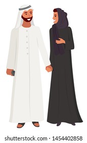 Arab people man and woman vector, isolated characters muslim religion. Friendly couple wearing hijab and long coat flat style characters eastern nation