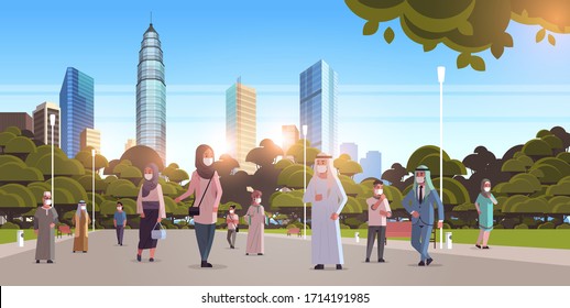 arab people in masks walking outdoor coronavirus pandemic covid-19 virus quarantine concept modern cityscape background horizontal full length vector illustration