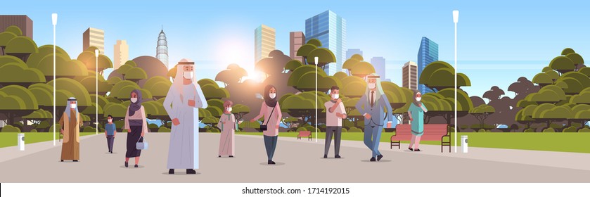 arab people in masks walking outdoor coronavirus pandemic covid-19 virus quarantine concept modern cityscape background horizontal full length vector illustration