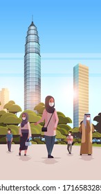 arab people in masks walking outdoor coronavirus pandemic covid-19 virus quarantine concept modern cityscape background vertical full length vector illustration