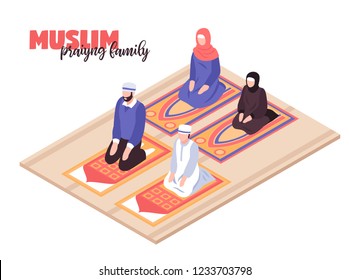 Arab People Praying Concept With Men And Women Praying Isometric Vector Llustration