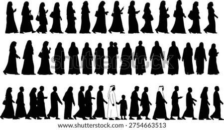 Arab people silhouettes collection, men women wearing traditional clothing walking standing group, Middle Eastern culture lifestyle illustration set