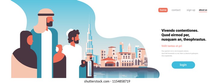 arab people traditional clothes business meeting concept cityscape background man woman cartoon character silhouette copy space portrait horizontal banner vector illustration