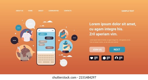 arab people typing message on smartphone arabic men women chatting in mobile app chat bubble communication