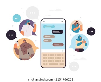 arab people typing message on smartphone arabic men women chatting in mobile app chat bubble communication