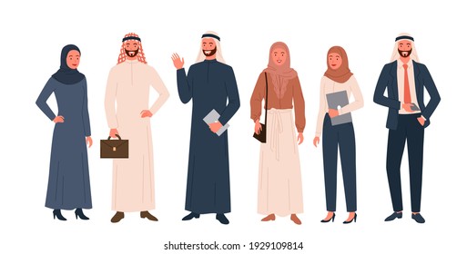 Arab people vector illustration set. Cartoon happy saudi woman man characters in modern and traditional ethnic muslim clothes standing together in row and smiling, arabic community isolated on white