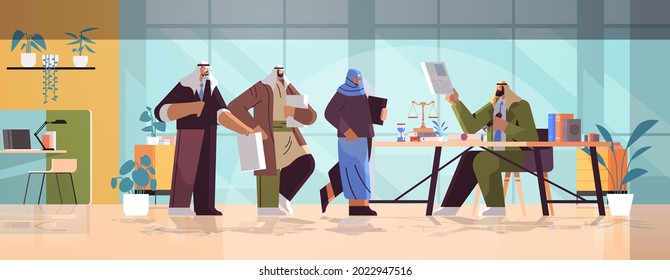 arab people visiting lawyer office for signing and legalization documents stamping legal document notary public